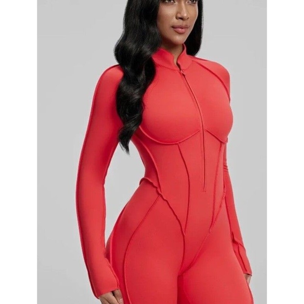 BetterMe BTTRM Red Full Length Catsuit With Back Cutout Sz XS Built In Bra